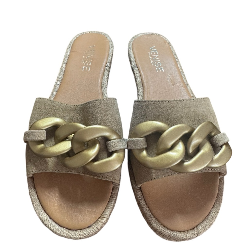 Venise | Gold & Tan Chain-Link Slide Sandals | Sz 40 | $365